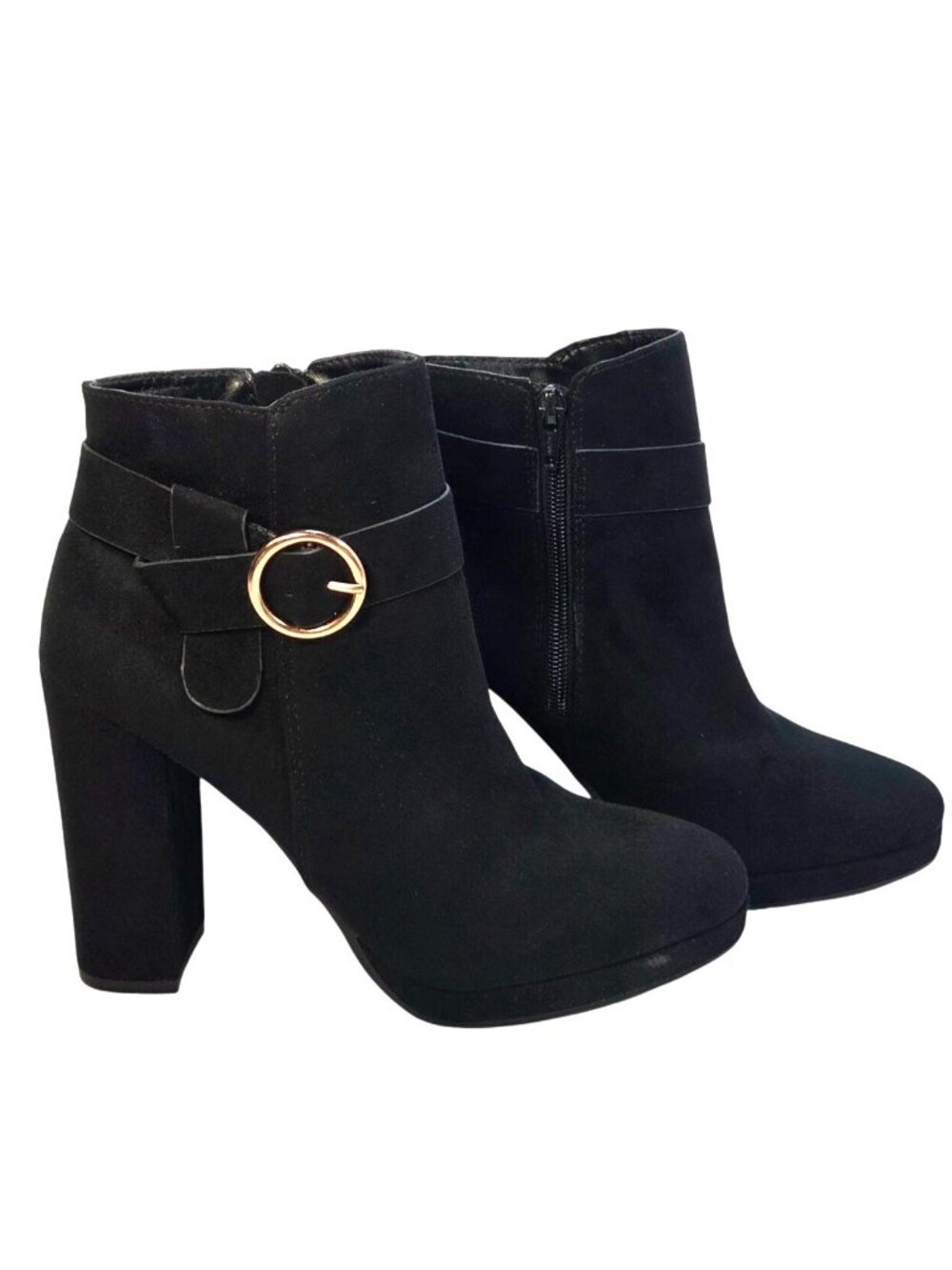 LC Lauren Conrad Avant Black Faux Suede Buckle Block Heel Ankle Booties Size 5